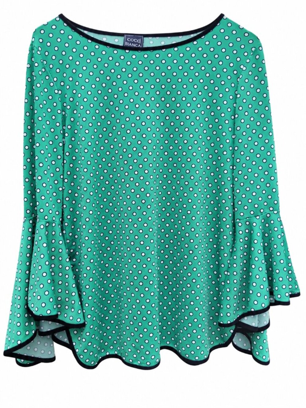 Coco Bianco L Green Polka Dot Bell Sleeve Blouse Y2K Statement Top